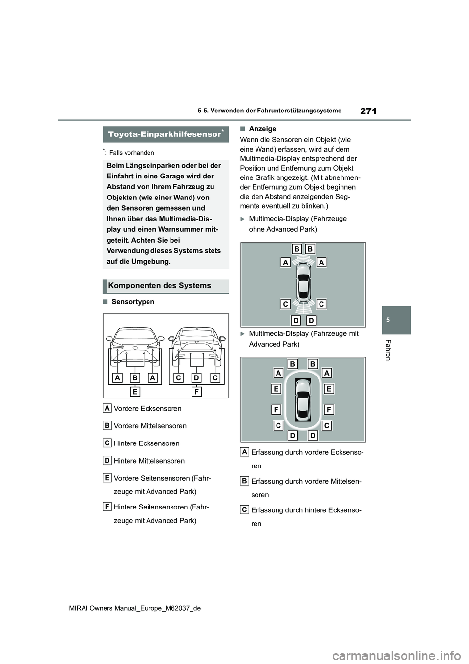 TOYOTA MIRAI 2020  Betriebsanleitungen (in German) 271
5
MIRAI Owners Manual_Europe_M62037_de
5-5. Verwenden der Fahrunterstützungssysteme
Fahren
*: Falls vorhanden
■Sensortypen 
Vordere Ecksensoren 
Vordere Mittelsensoren 
Hintere Ecksensoren
Hint