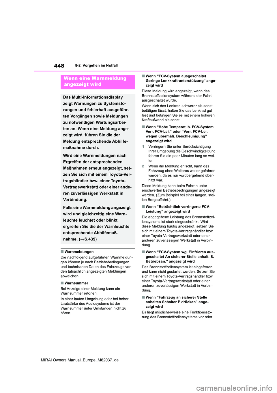 TOYOTA MIRAI 2020  Betriebsanleitungen (in German) 448
MIRAI Owners Manual_Europe_M62037_de
8-2. Vorgehen im Notfall
■Warnmeldungen 
Die nachfolgend aufgeführten Warnmeldun- 
gen können je nach Betriebsbedingungen  und technischen Daten des Fahrze