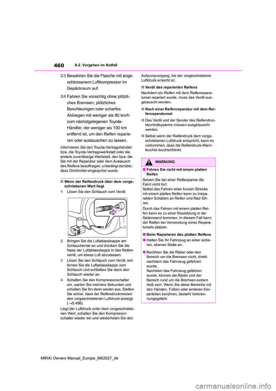 TOYOTA MIRAI 2020  Betriebsanleitungen (in German) 460
MIRAI Owners Manual_Europe_M62037_de
8-2. Vorgehen im Notfall
23Bewahren Sie die Flasche mit ange- 
schlossenem Luftkompressor im  
Gepäckraum auf. 
24 Fahren Sie vorsichtig ohne plötzli- 
ches 