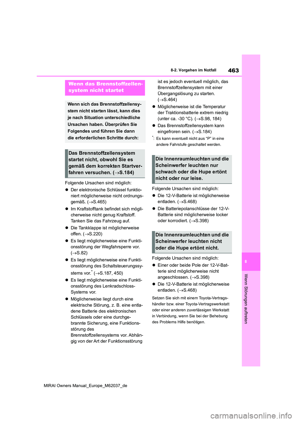 TOYOTA MIRAI 2020  Betriebsanleitungen (in German) 463
8
MIRAI Owners Manual_Europe_M62037_de
8-2. Vorgehen im Notfall
Wenn Störungen auftreten
Folgende Ursachen sind möglich: 
 Der elektronische Schlüssel funktio- 
niert möglicherweise nicht o