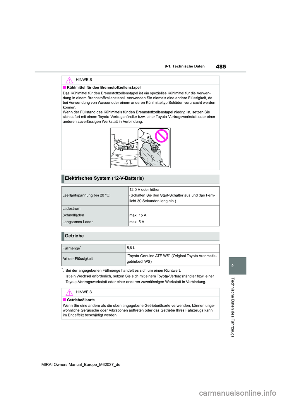 TOYOTA MIRAI 2020  Betriebsanleitungen (in German) 485
9
MIRAI Owners Manual_Europe_M62037_de
9-1. Technische Daten
Technische Daten des Fahrzeugs
*: Bei der angegebenen Füllmenge handelt es sich um einen Richtwert. 
Ist ein Wechsel erforderlich, set