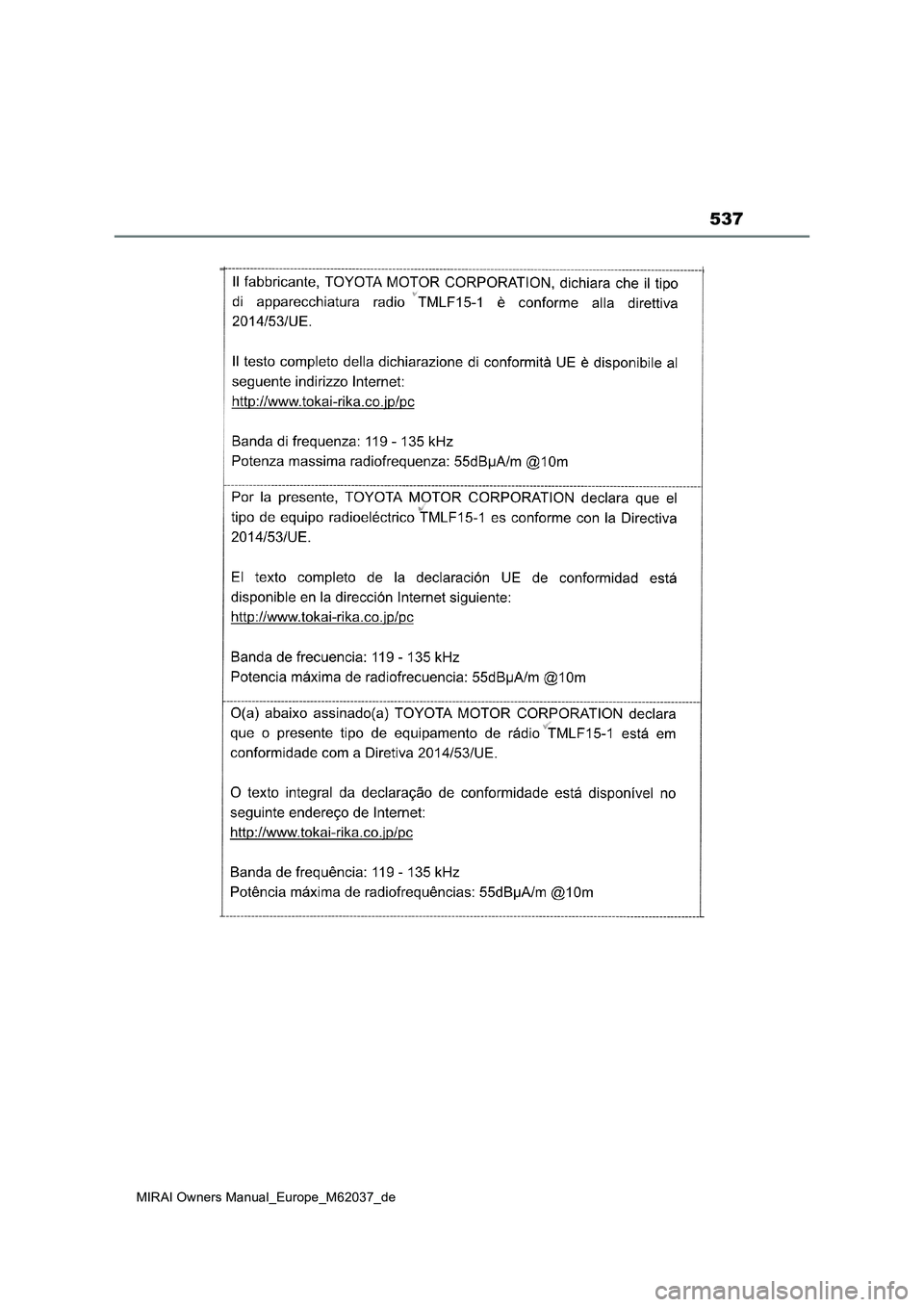 TOYOTA MIRAI 2020  Betriebsanleitungen (in German) 537
MIRAI Owners Manual_Europe_M62037_de 