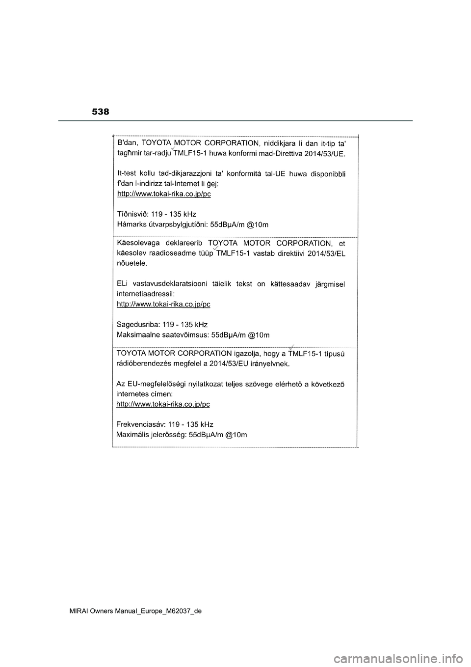 TOYOTA MIRAI 2020  Betriebsanleitungen (in German) 538
MIRAI Owners Manual_Europe_M62037_de 