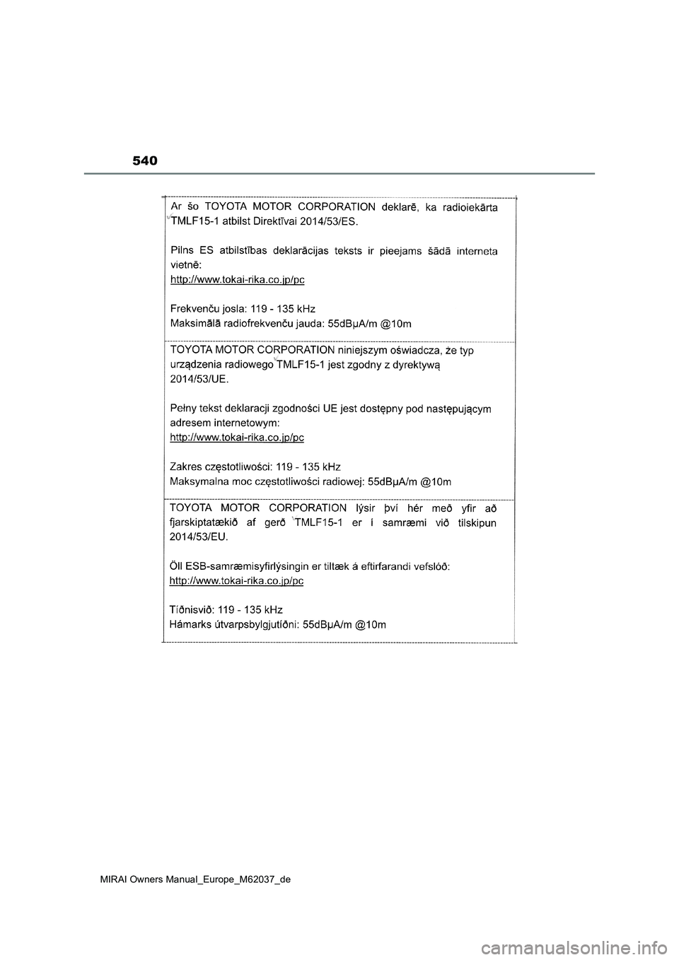 TOYOTA MIRAI 2020  Betriebsanleitungen (in German) 540
MIRAI Owners Manual_Europe_M62037_de 