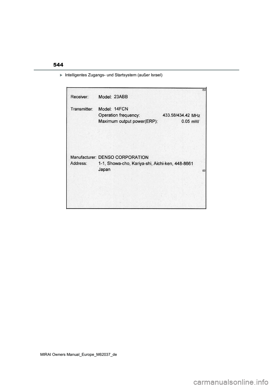 TOYOTA MIRAI 2020  Betriebsanleitungen (in German) 544
MIRAI Owners Manual_Europe_M62037_de
Intelligentes Zugangs- und Startsystem (außer Israel) 
