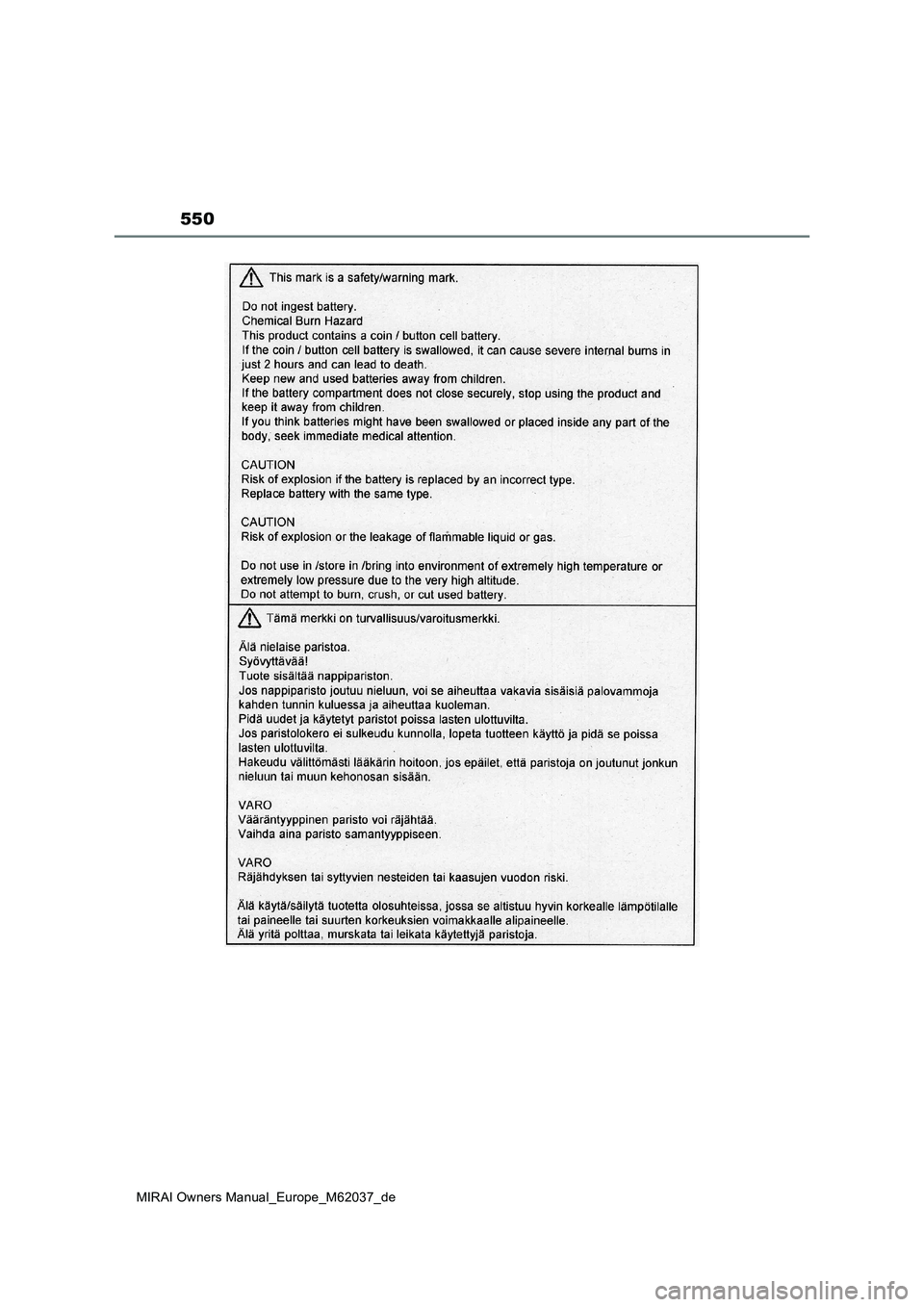 TOYOTA MIRAI 2020  Betriebsanleitungen (in German) 550
MIRAI Owners Manual_Europe_M62037_de 