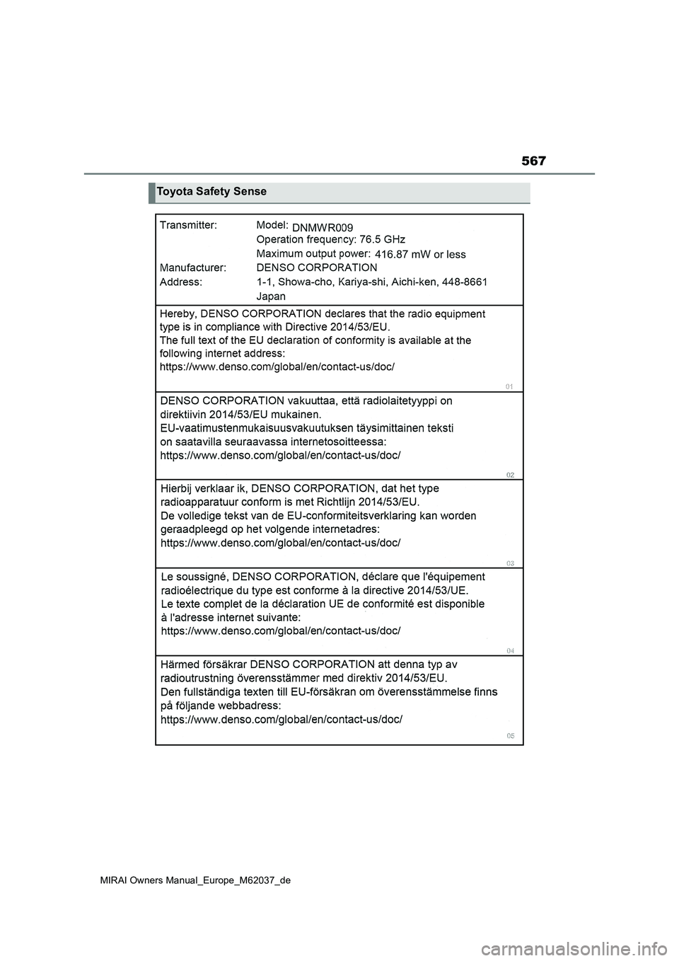 TOYOTA MIRAI 2020  Betriebsanleitungen (in German) 567
MIRAI Owners Manual_Europe_M62037_de
Toyota Safety Sense 