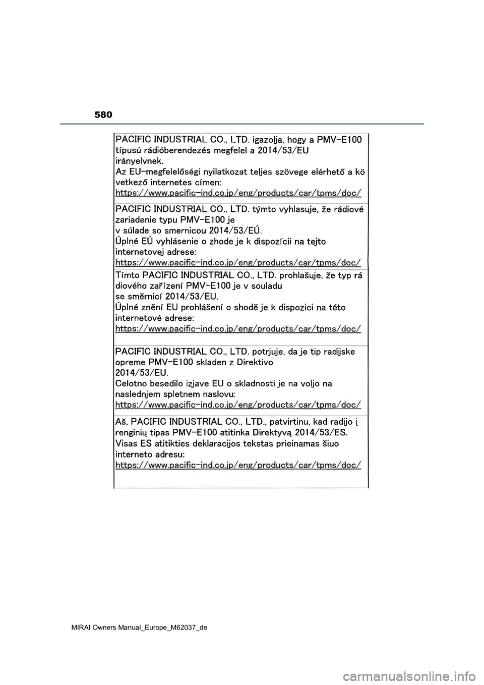 TOYOTA MIRAI 2020  Betriebsanleitungen (in German) 580
MIRAI Owners Manual_Europe_M62037_de 