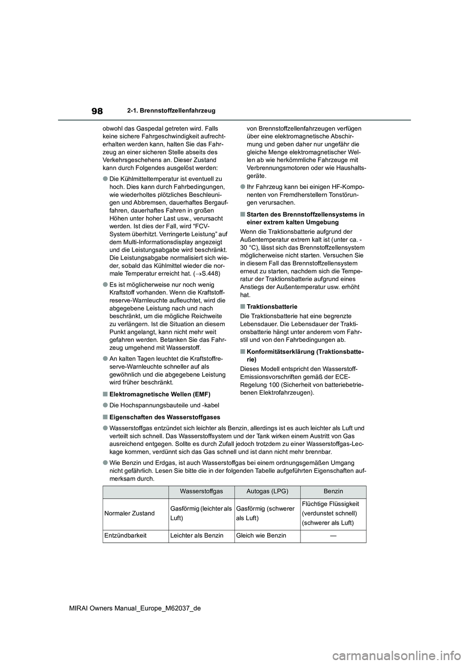 TOYOTA MIRAI 2020  Betriebsanleitungen (in German) 98
MIRAI Owners Manual_Europe_M62037_de
2-1. Brennstoffzellenfahrzeug 
obwohl das Gaspedal getreten wird. Falls  keine sichere Fahrgeschwindigkeit aufrecht-erhalten werden kann, halten Sie das Fahr- 
