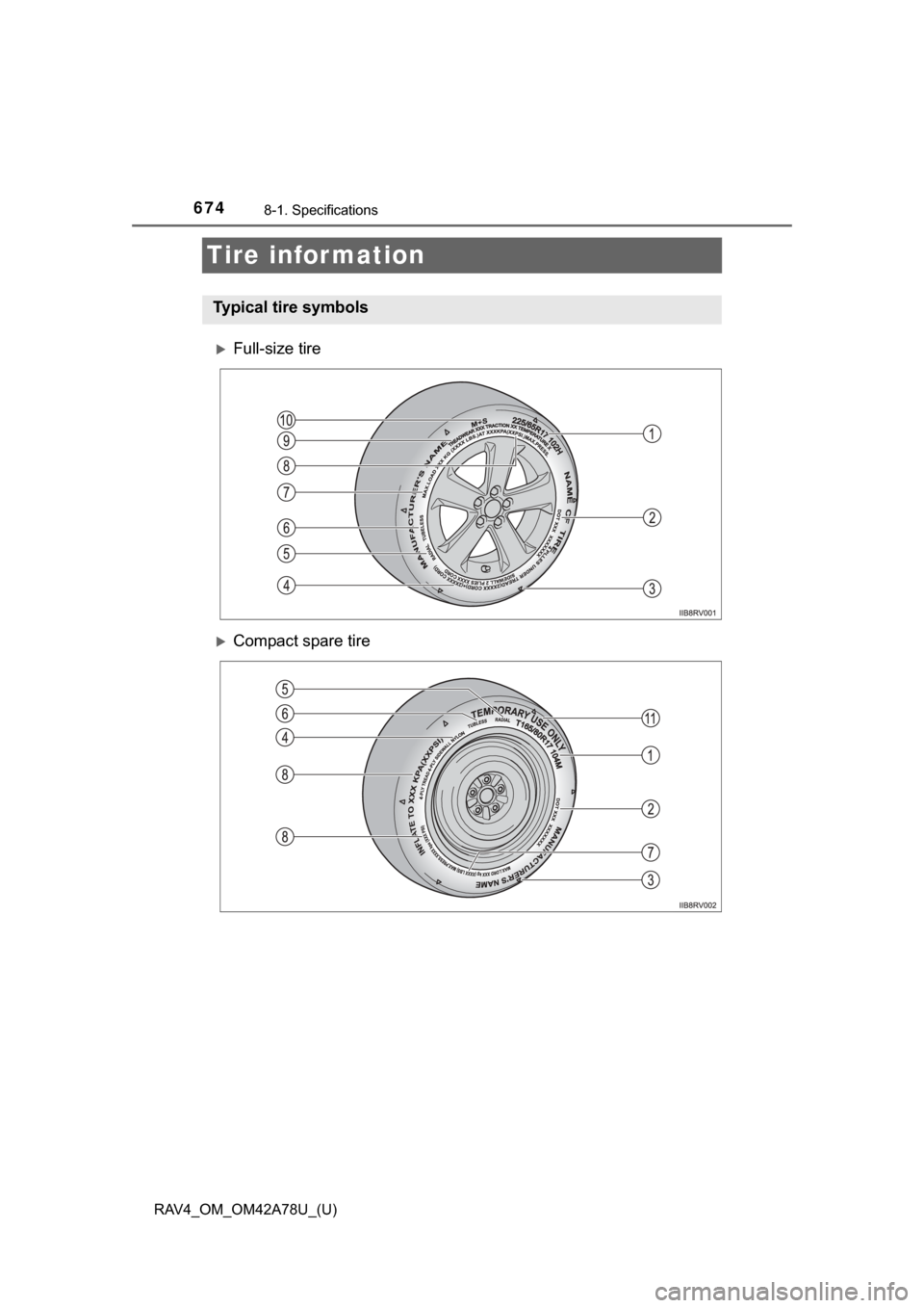 TOYOTA RAV4 2015 XA40 / 4.G Owners Manual 674
RAV4_OM_OM42A78U_(U)
8-1. Specifications
Tire infor mation
Full-size tire
Compact spare tire
Typical tire symbols 