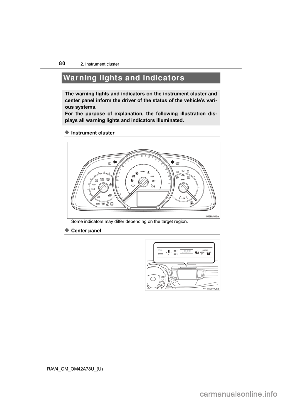 TOYOTA RAV4 2015 XA40 / 4.G Owners Manual 80
RAV4_OM_OM42A78U_(U)
2. Instrument cluster
War ning lights and indicators
◆Instrument cluster
Some indicators may differ depending on the target region.
◆Center panel
The warning lights and ind