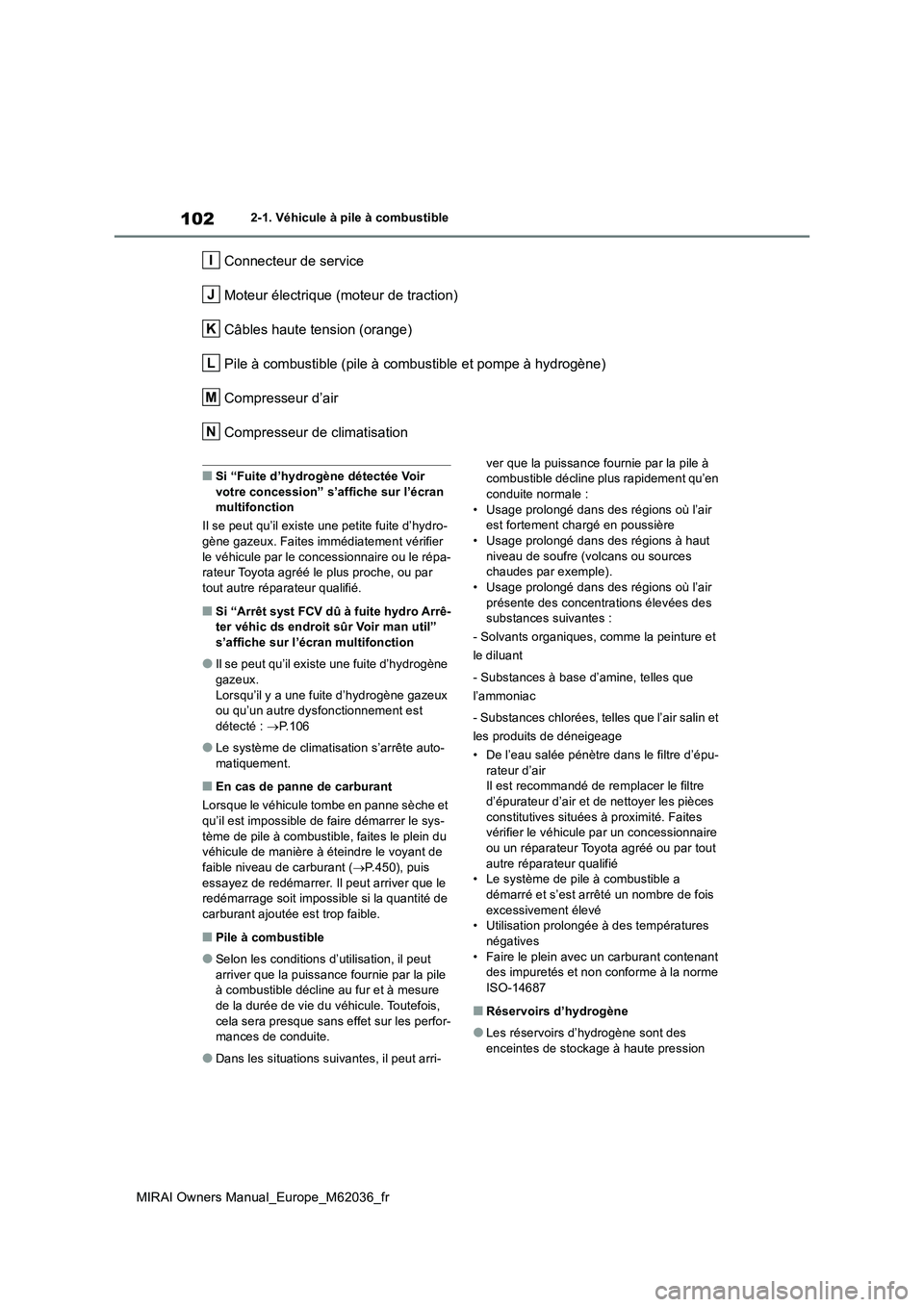 TOYOTA MIRAI 2020 Manuel du propriétaire (in French) 102
MIRAI Owners Manual_Europe_M62036_fr
2-1. Véhicule à pile à combustible
Connecteur de service
Moteur électrique (moteur de traction)
Câbles haute tension (orange)
Pile à combustible (pile TOYOTA MIRAI 2020 Manuel du propriétaire (in French) 102
MIRAI Owners Manual_Europe_M62036_fr
2-1. Véhicule à pile à combustible
Connecteur de service
Moteur électrique (moteur de traction)
Câbles haute tension (orange)
Pile à combustible (pile