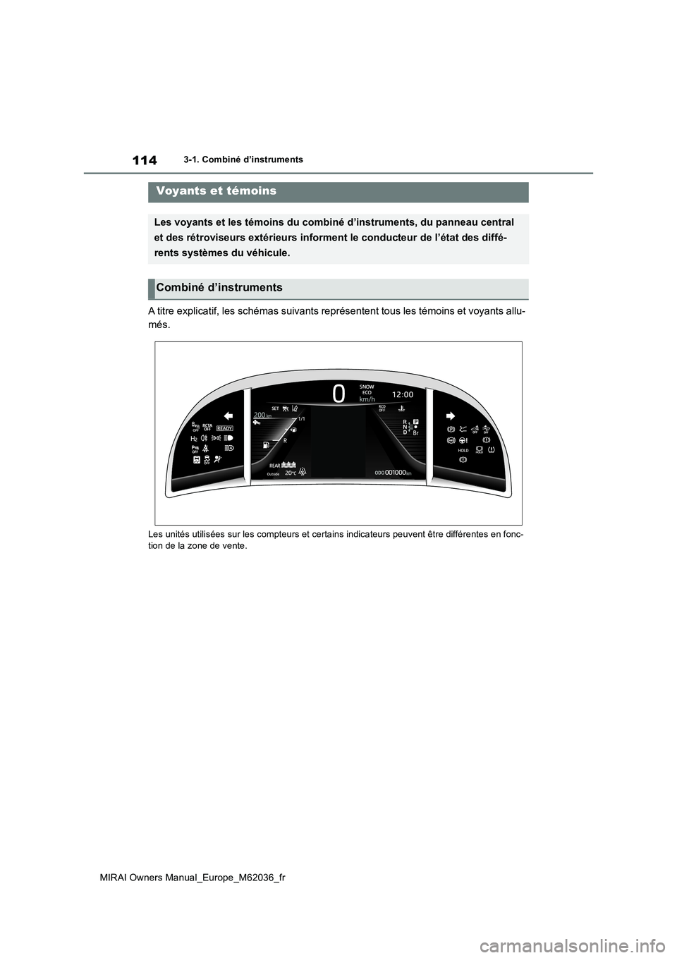 TOYOTA MIRAI 2020  Manuel du propriétaire (in French) 114
MIRAI Owners Manual_Europe_M62036_fr
3-1. Combiné d’instruments
3-1.Combiné d’ins truments
A titre explicatif, les schémas suivants représentent tous les témoins et voyants allu- 
més.
L