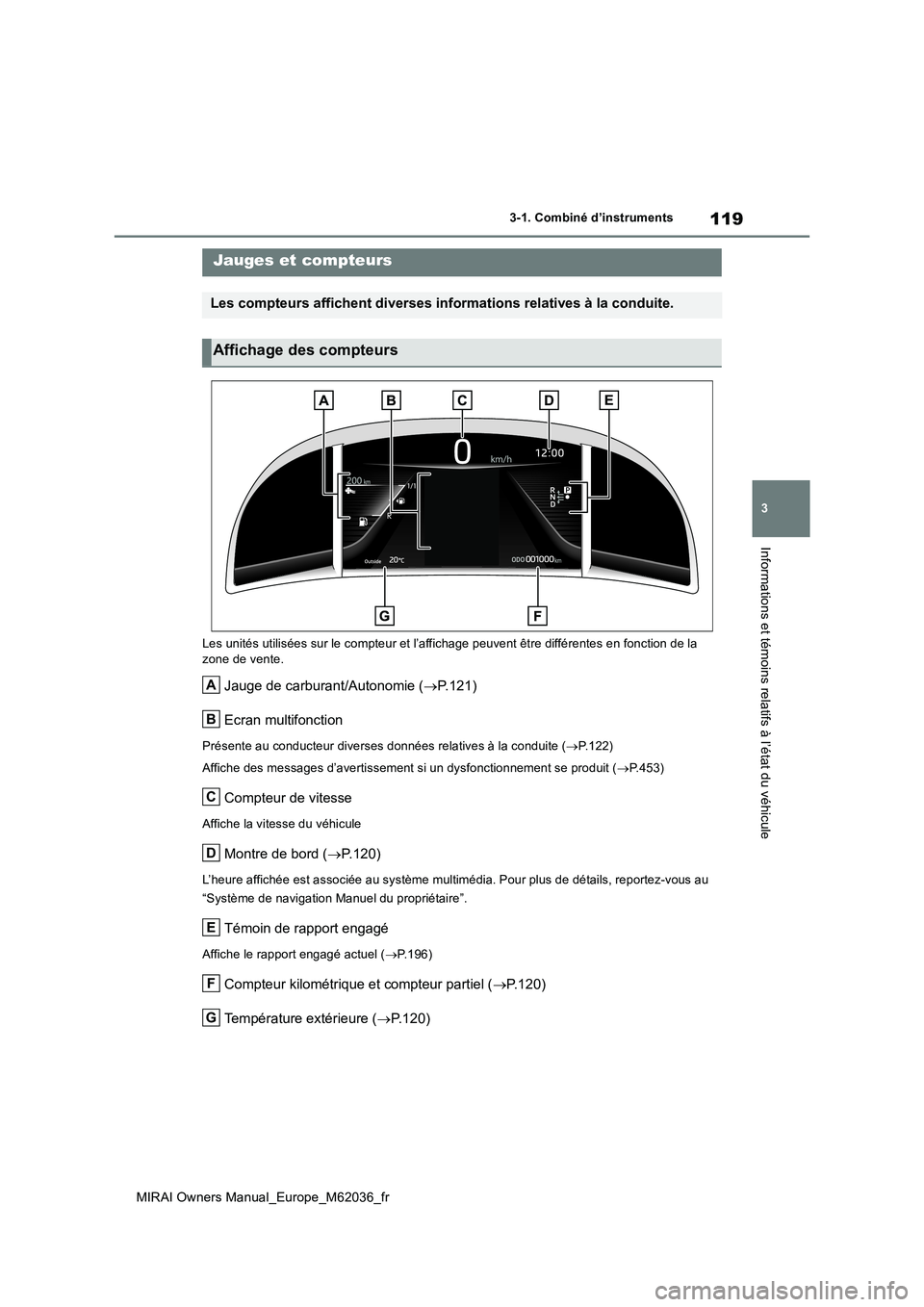TOYOTA MIRAI 2020  Manuel du propriétaire (in French) 119
3
MIRAI Owners Manual_Europe_M62036_fr
3-1. Combiné d’instruments
Informations et témoins relatifs à l’état du véhicule
Les unités utilisées sur le compteur et l’affichage peuvent êt