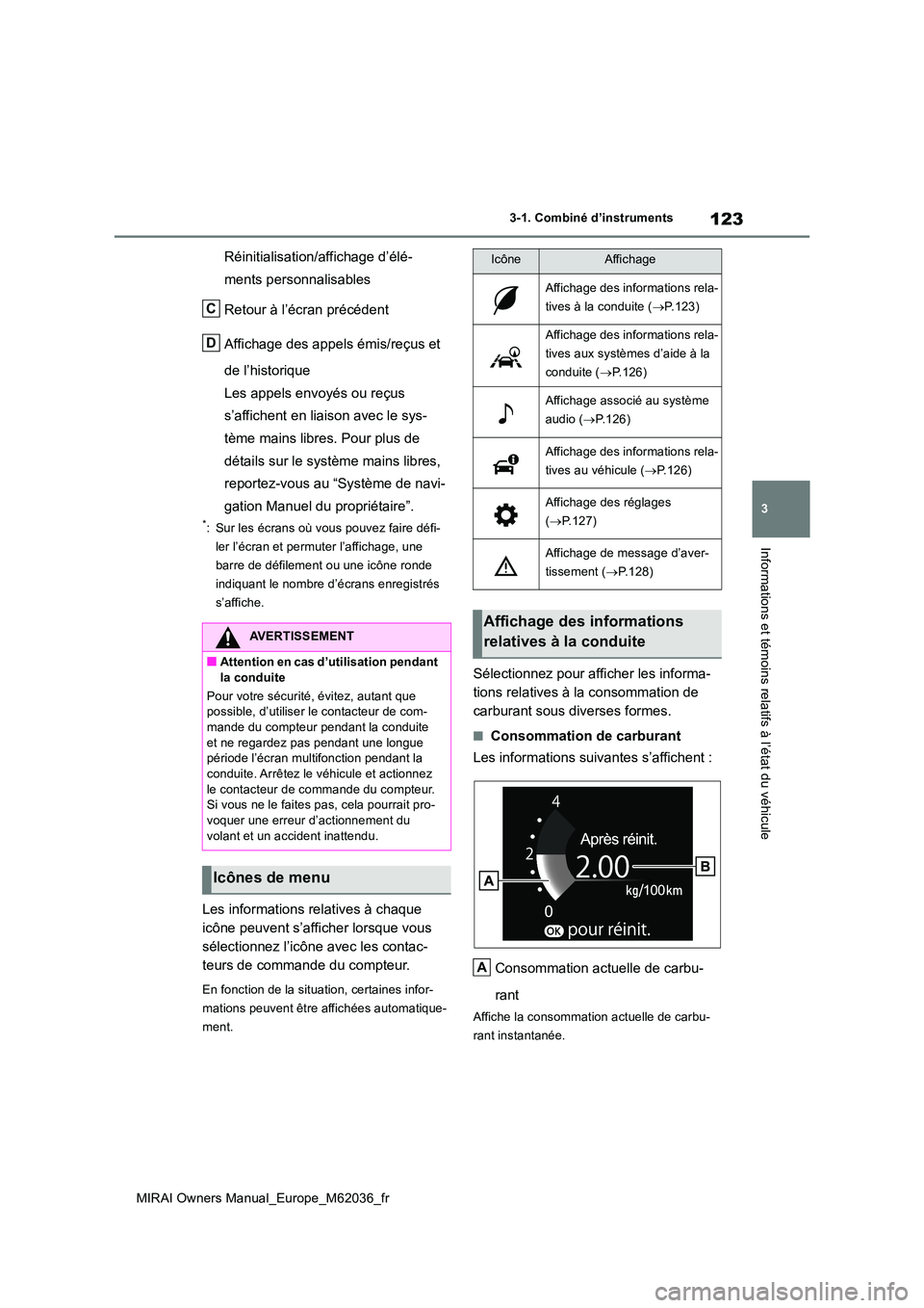 TOYOTA MIRAI 2020 Manuel du propriétaire (in French) 123
3
MIRAI Owners Manual_Europe_M62036_fr
3-1. Combiné d’instruments
Informations et témoins relatifs à l’état du véhicule
Réinitialisation/affichage d’élé-
ments personnalisables
Ret TOYOTA MIRAI 2020 Manuel du propriétaire (in French) 123
3
MIRAI Owners Manual_Europe_M62036_fr
3-1. Combiné d’instruments
Informations et témoins relatifs à l’état du véhicule
Réinitialisation/affichage d’élé-
ments personnalisables
Ret