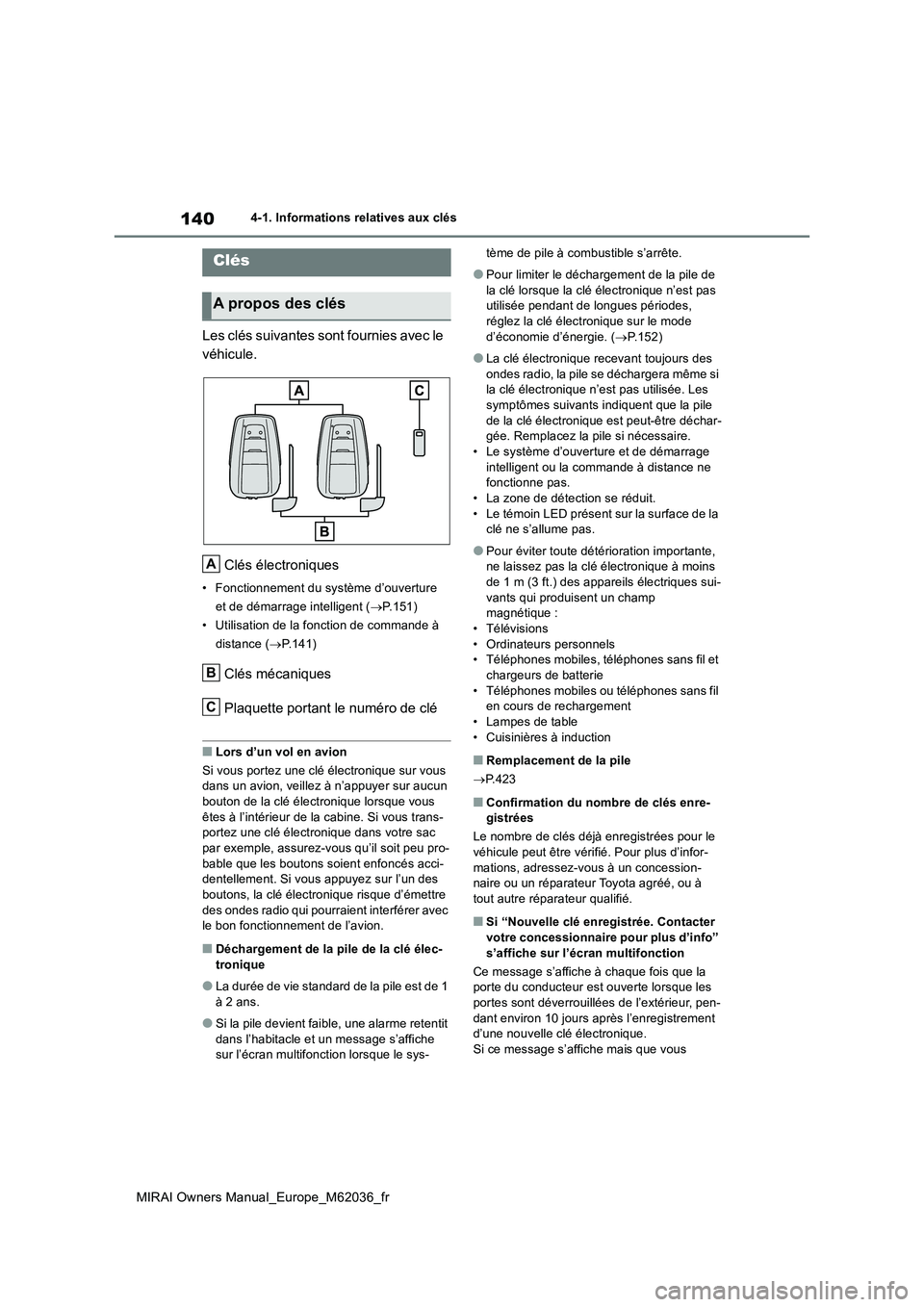 TOYOTA MIRAI 2020 Manuel du propriétaire (in French) 140
MIRAI Owners Manual_Europe_M62036_fr
4-1. Informations relatives aux clés
4-1.In formations relative s aux clés
Les clés suivantes sont fournies avec le
véhicule.
Clés électroniques
• TOYOTA MIRAI 2020 Manuel du propriétaire (in French) 140
MIRAI Owners Manual_Europe_M62036_fr
4-1. Informations relatives aux clés
4-1.In formations relative s aux clés
Les clés suivantes sont fournies avec le
véhicule.
Clés électroniques
•