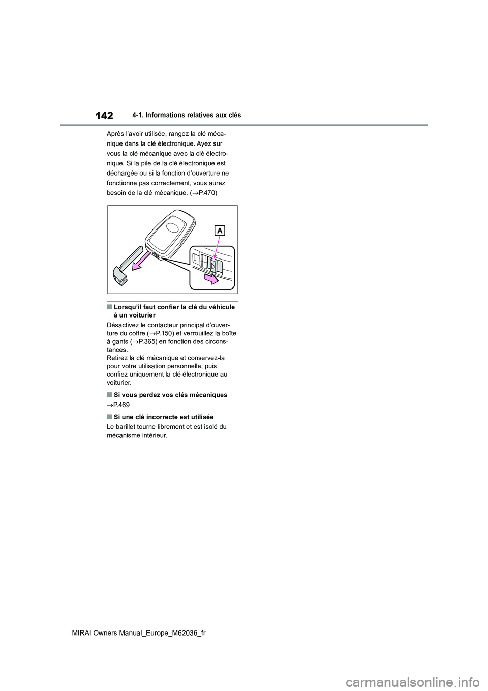 TOYOTA MIRAI 2020  Manuel du propriétaire (in French) 142
MIRAI Owners Manual_Europe_M62036_fr
4-1. Informations relatives aux clés 
Après l’avoir utilisée, rangez la clé méca- 
nique dans la clé électronique. Ayez sur 
vous la clé mécanique a