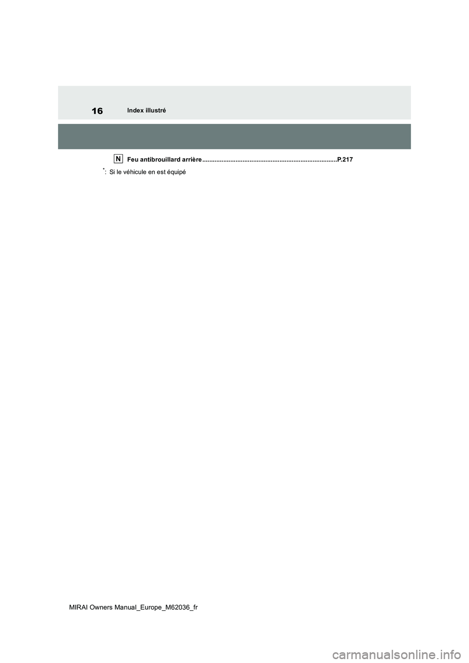 TOYOTA MIRAI 2020  Manuel du propriétaire (in French) 16
MIRAI Owners Manual_Europe_M62036_fr
Index illustré 
Feu antibrouillard arrière .............................................................................P.217
*: Si le véhicule en est équip