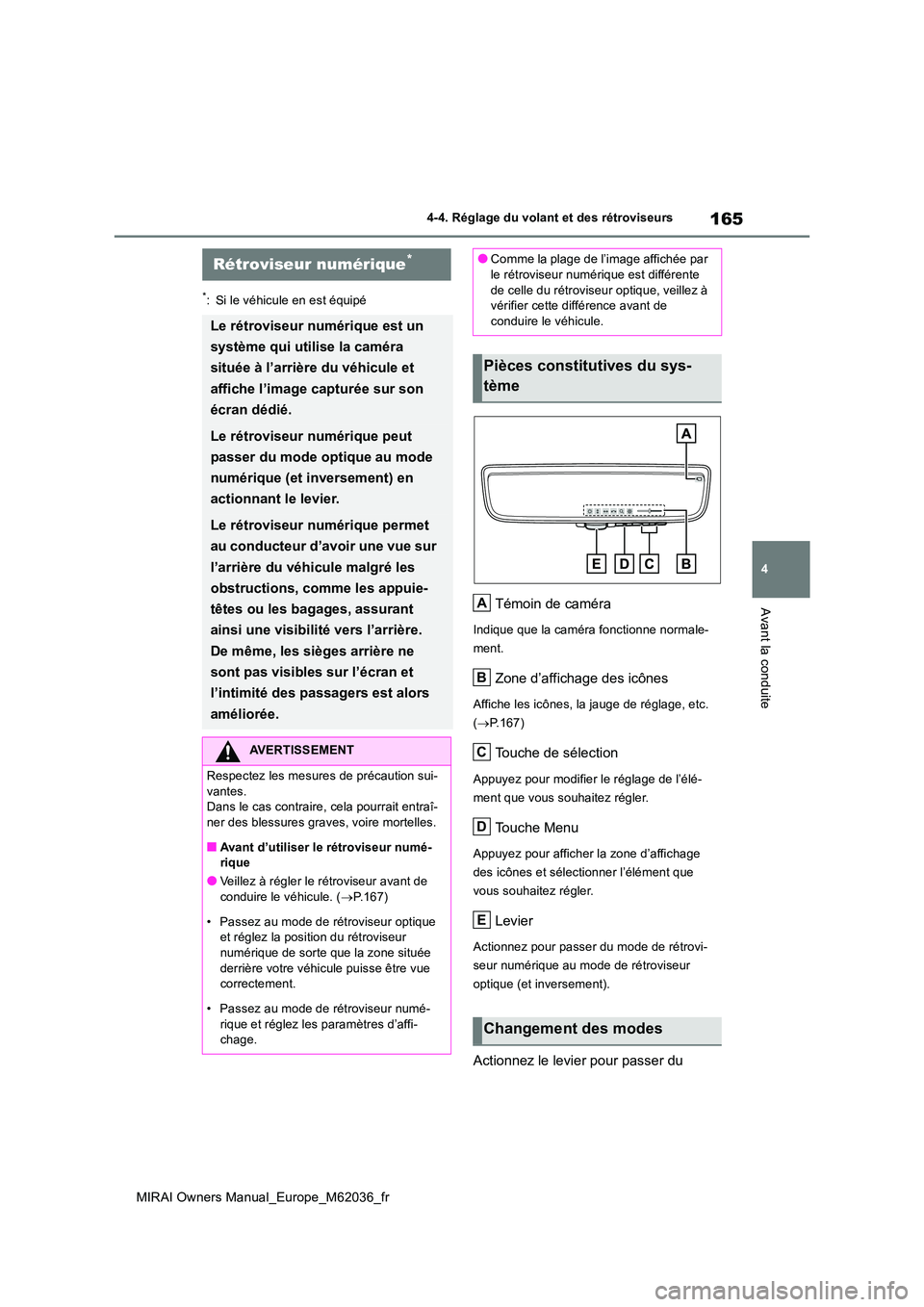 TOYOTA MIRAI 2020 Manuel du propriétaire (in French) 165
4
MIRAI Owners Manual_Europe_M62036_fr
4-4. Réglage du volant et des rétroviseurs
Avant la conduite
*: Si le véhicule en est équipé
Témoin de caméra
Indique que la caméra fonctionne normal TOYOTA MIRAI 2020 Manuel du propriétaire (in French) 165
4
MIRAI Owners Manual_Europe_M62036_fr
4-4. Réglage du volant et des rétroviseurs
Avant la conduite
*: Si le véhicule en est équipé
Témoin de caméra
Indique que la caméra fonctionne normal