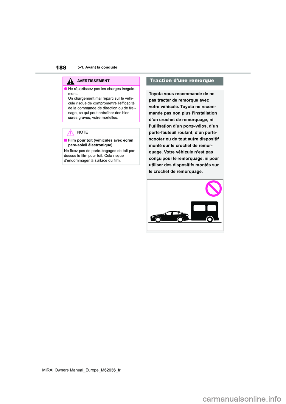 TOYOTA MIRAI 2020  Manuel du propriétaire (in French) 188
MIRAI Owners Manual_Europe_M62036_fr
5-1. Avant la conduite
AVERTISSEMENT
●Ne répartissez pas les charges inégale- 
ment. Un chargement mal réparti sur le véhi-cule risque de compromettre l