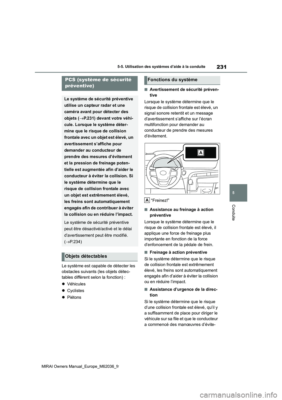 TOYOTA MIRAI 2020 Manuel du propriétaire (in French) 231
5
MIRAI Owners Manual_Europe_M62036_fr
5-5. Utilisation des systèmes d’aide à la conduite
Conduite
Le système est capable de détecter les
obstacles suivants (les objets détec-
tables diff TOYOTA MIRAI 2020 Manuel du propriétaire (in French) 231
5
MIRAI Owners Manual_Europe_M62036_fr
5-5. Utilisation des systèmes d’aide à la conduite
Conduite
Le système est capable de détecter les
obstacles suivants (les objets détec-
tables diff