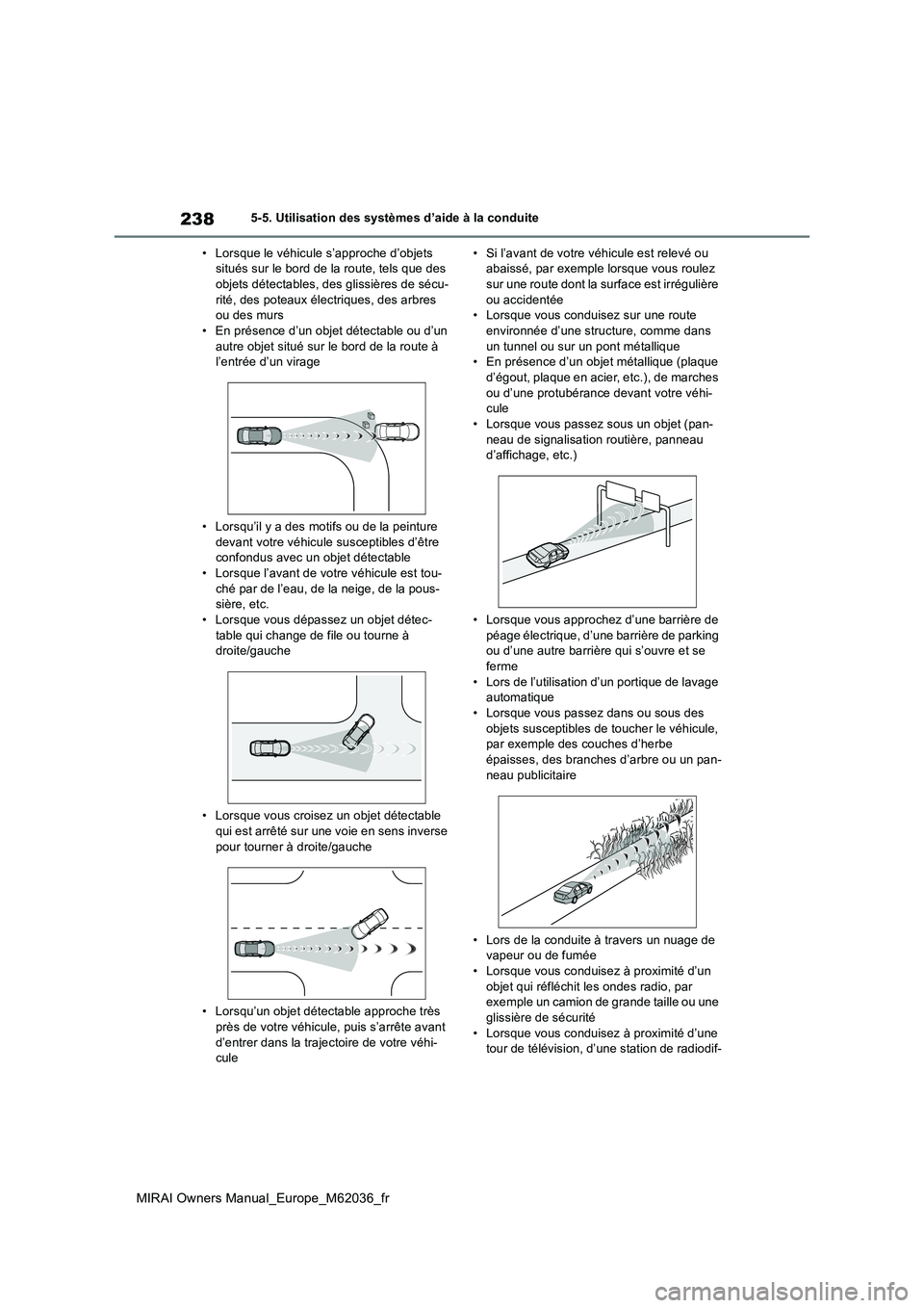 TOYOTA MIRAI 2020  Manuel du propriétaire (in French) 238
MIRAI Owners Manual_Europe_M62036_fr
5-5. Utilisation des systèmes d’aide à la conduite 
• Lorsque le véhicule s’approche d’objets  situés sur le bord de la route, tels que des objets 