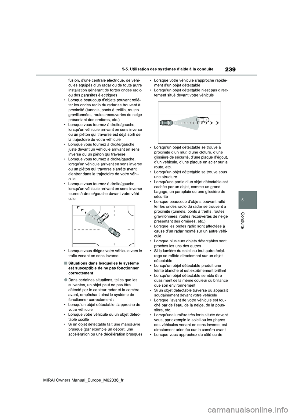TOYOTA MIRAI 2020  Manuel du propriétaire (in French) 239
5
MIRAI Owners Manual_Europe_M62036_fr
5-5. Utilisation des systèmes d’aide à la conduite
Conduite
fusion, d’une centrale électrique, de véhi- cules équipés d’un radar ou de toute autr