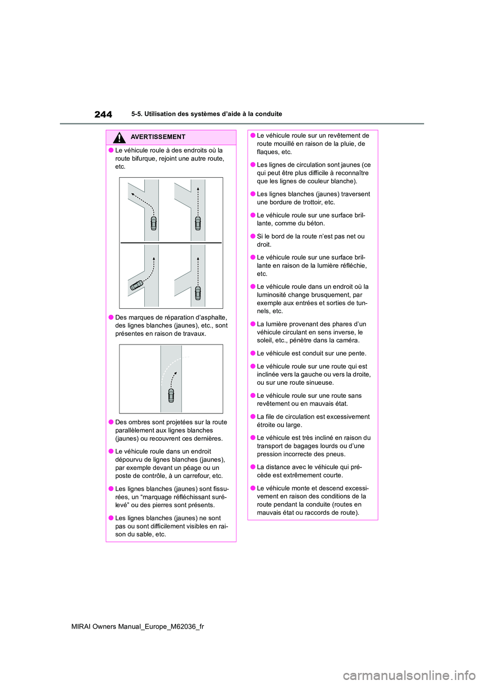 TOYOTA MIRAI 2020 Manuel du propriétaire (in French) 244
MIRAI Owners Manual_Europe_M62036_fr
5-5. Utilisation des systèmes d’aide à la conduite
AVERTISSEMENT
●Le véhicule roule à des endroits où la
route bifurque, rejoint une autre route, e TOYOTA MIRAI 2020 Manuel du propriétaire (in French) 244
MIRAI Owners Manual_Europe_M62036_fr
5-5. Utilisation des systèmes d’aide à la conduite
AVERTISSEMENT
●Le véhicule roule à des endroits où la
route bifurque, rejoint une autre route, e