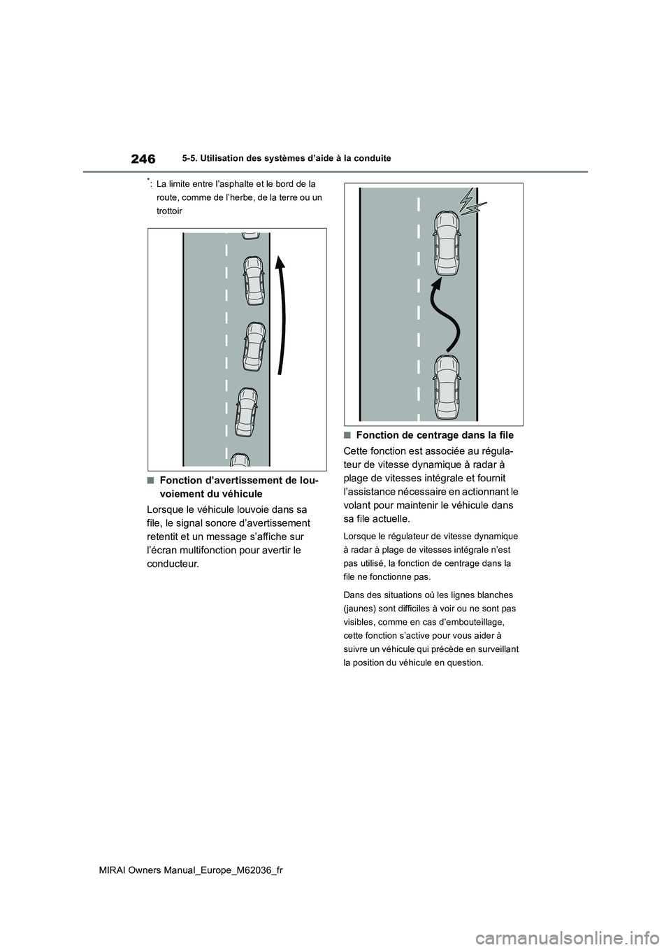 TOYOTA MIRAI 2020 Manuel du propriétaire (in French) 246
MIRAI Owners Manual_Europe_M62036_fr
5-5. Utilisation des systèmes d’aide à la conduite
*: La limite entre l’asphalte et le bord de la
route, comme de l’herbe, de la terre ou un
trottoi TOYOTA MIRAI 2020 Manuel du propriétaire (in French) 246
MIRAI Owners Manual_Europe_M62036_fr
5-5. Utilisation des systèmes d’aide à la conduite
*: La limite entre l’asphalte et le bord de la
route, comme de l’herbe, de la terre ou un
trottoi