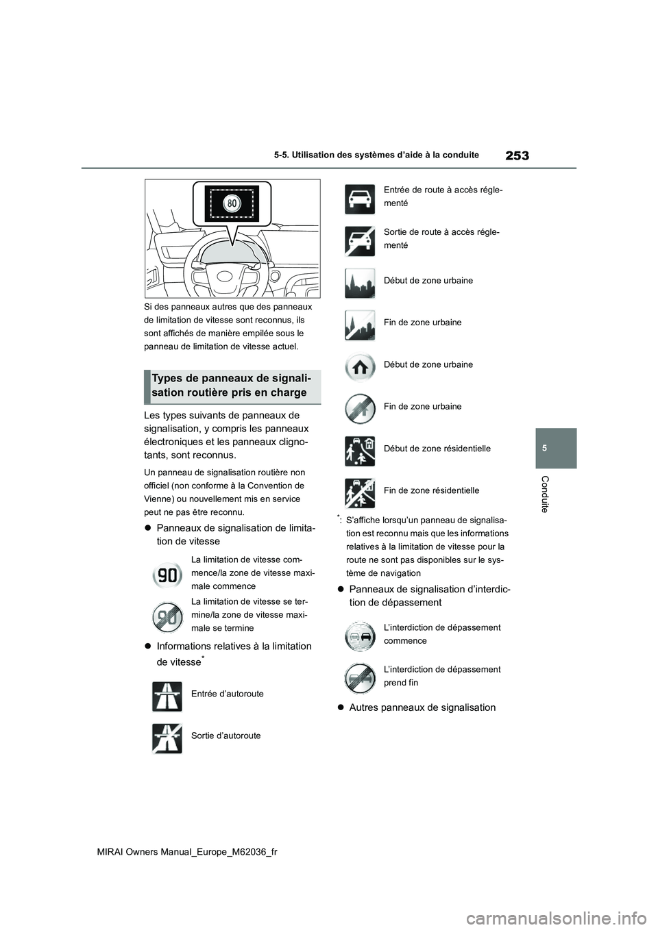 TOYOTA MIRAI 2020 Manuel du propriétaire (in French) 253
5
MIRAI Owners Manual_Europe_M62036_fr
5-5. Utilisation des systèmes d’aide à la conduite
Conduite
Si des panneaux autres que des panneaux
de limitation de vitesse sont reconnus, ils
sont a TOYOTA MIRAI 2020 Manuel du propriétaire (in French) 253
5
MIRAI Owners Manual_Europe_M62036_fr
5-5. Utilisation des systèmes d’aide à la conduite
Conduite
Si des panneaux autres que des panneaux
de limitation de vitesse sont reconnus, ils
sont a