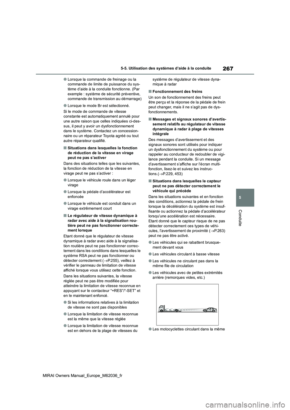 TOYOTA MIRAI 2020  Manuel du propriétaire (in French) 267
5
MIRAI Owners Manual_Europe_M62036_fr
5-5. Utilisation des systèmes d’aide à la conduite
Conduite
●Lorsque la commande de freinage ou la  commande de limite de puissance du sys-tème d’ai