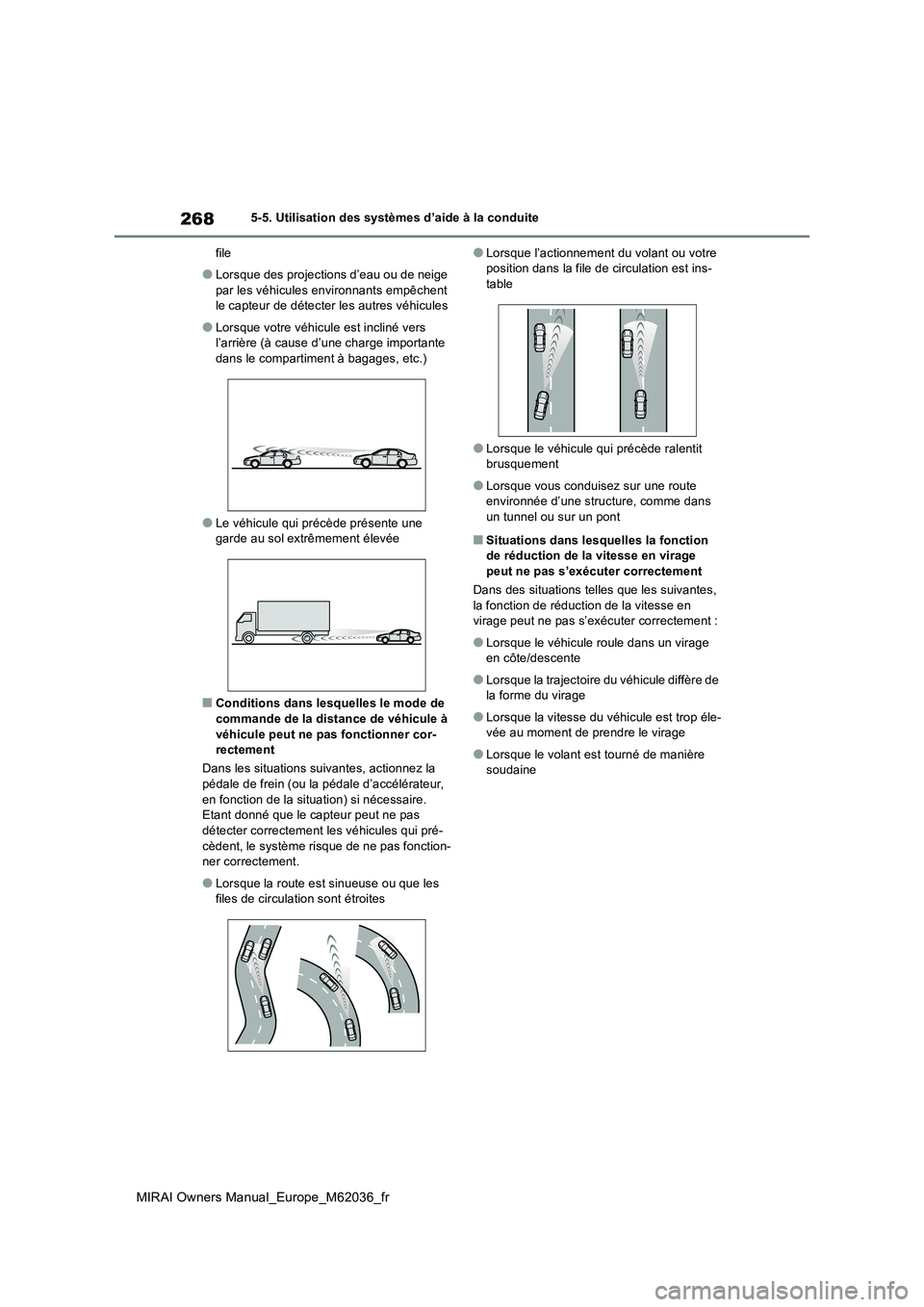 TOYOTA MIRAI 2020  Manuel du propriétaire (in French) 268
MIRAI Owners Manual_Europe_M62036_fr
5-5. Utilisation des systèmes d’aide à la conduite 
file
●Lorsque des projections d’eau ou de neige  
par les véhicules environnants empêchent  le ca