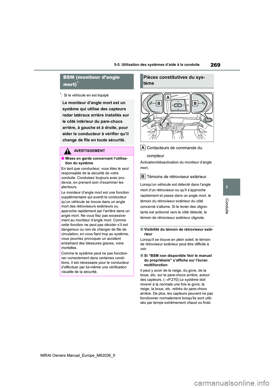 TOYOTA MIRAI 2020  Manuel du propriétaire (in French) 269
5
MIRAI Owners Manual_Europe_M62036_fr
5-5. Utilisation des systèmes d’aide à la conduite
Conduite
*: Si le véhicule en est équipé
Contacteurs de commande du  
compteur
Activation/désactiv