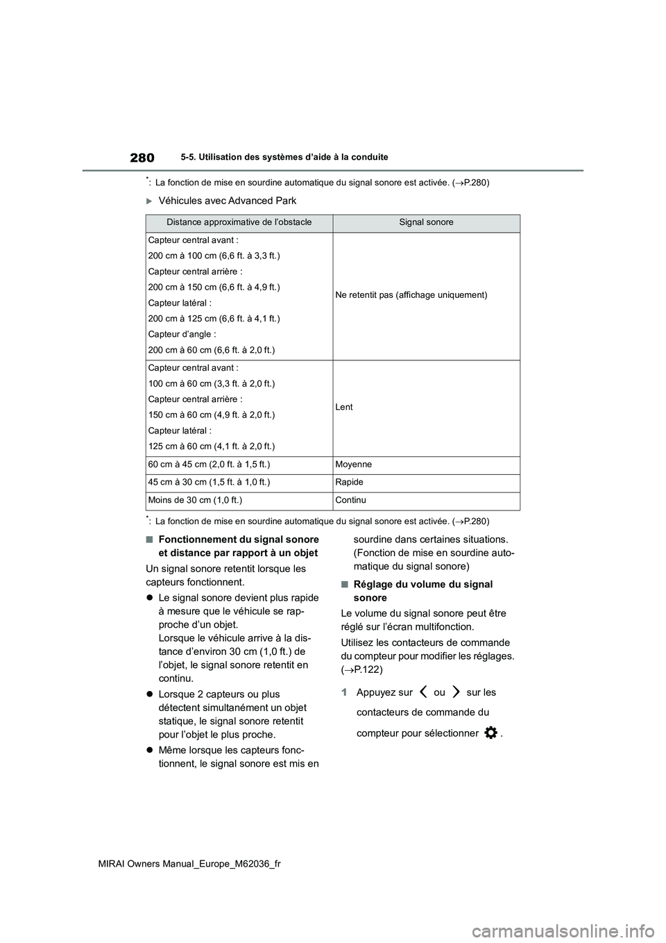 TOYOTA MIRAI 2020  Manuel du propriétaire (in French) 280
MIRAI Owners Manual_Europe_M62036_fr
5-5. Utilisation des systèmes d’aide à la conduite
*: La fonction de mise en sourdine automatique du signal sonore est activée. (P.280)
Véhicules a