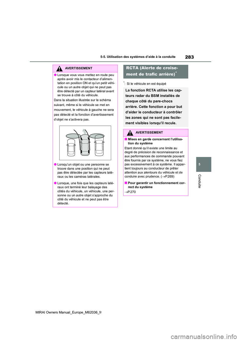 TOYOTA MIRAI 2020  Manuel du propriétaire (in French) 283
5
MIRAI Owners Manual_Europe_M62036_fr
5-5. Utilisation des systèmes d’aide à la conduite
Conduite
*: Si le véhicule en est équipé
AVERTISSEMENT
●Lorsque vous vous mettez en route peu  
a