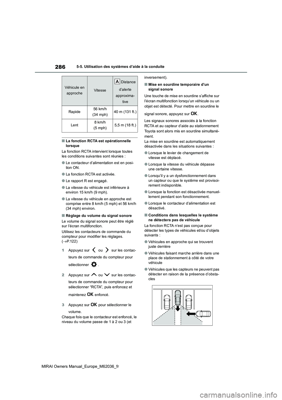 TOYOTA MIRAI 2020  Manuel du propriétaire (in French) 286
MIRAI Owners Manual_Europe_M62036_fr
5-5. Utilisation des systèmes d’aide à la conduite
■La fonction RCTA est opérationnelle  
lorsque 
La fonction RCTA intervient lorsque toutes  les condi
