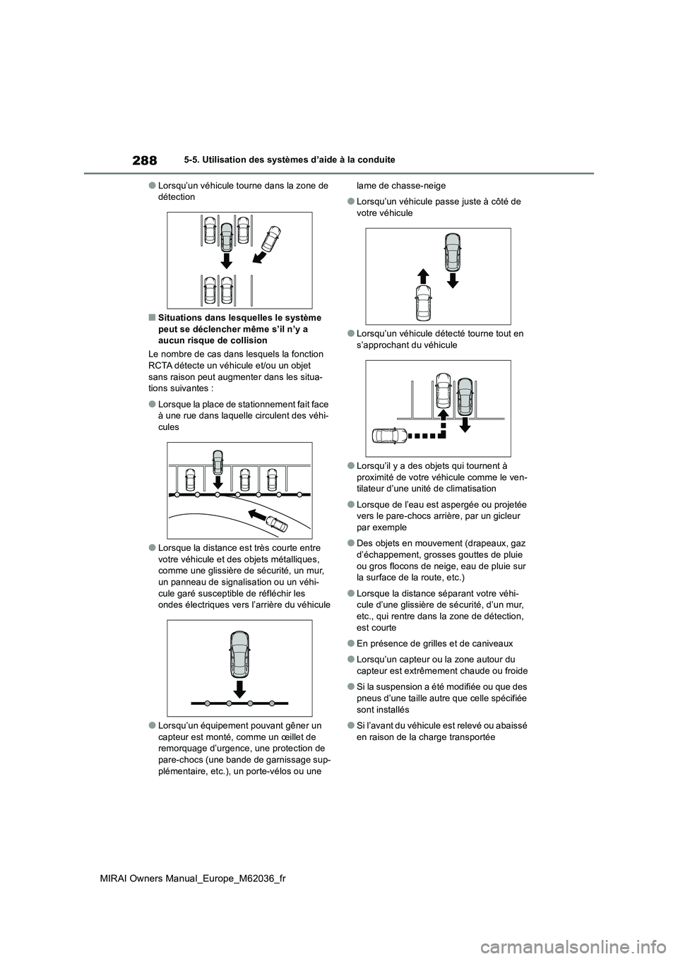 TOYOTA MIRAI 2020  Manuel du propriétaire (in French) 288
MIRAI Owners Manual_Europe_M62036_fr
5-5. Utilisation des systèmes d’aide à la conduite
●Lorsqu’un véhicule tourne dans la zone de  détection
■Situations dans lesquelles le système pe