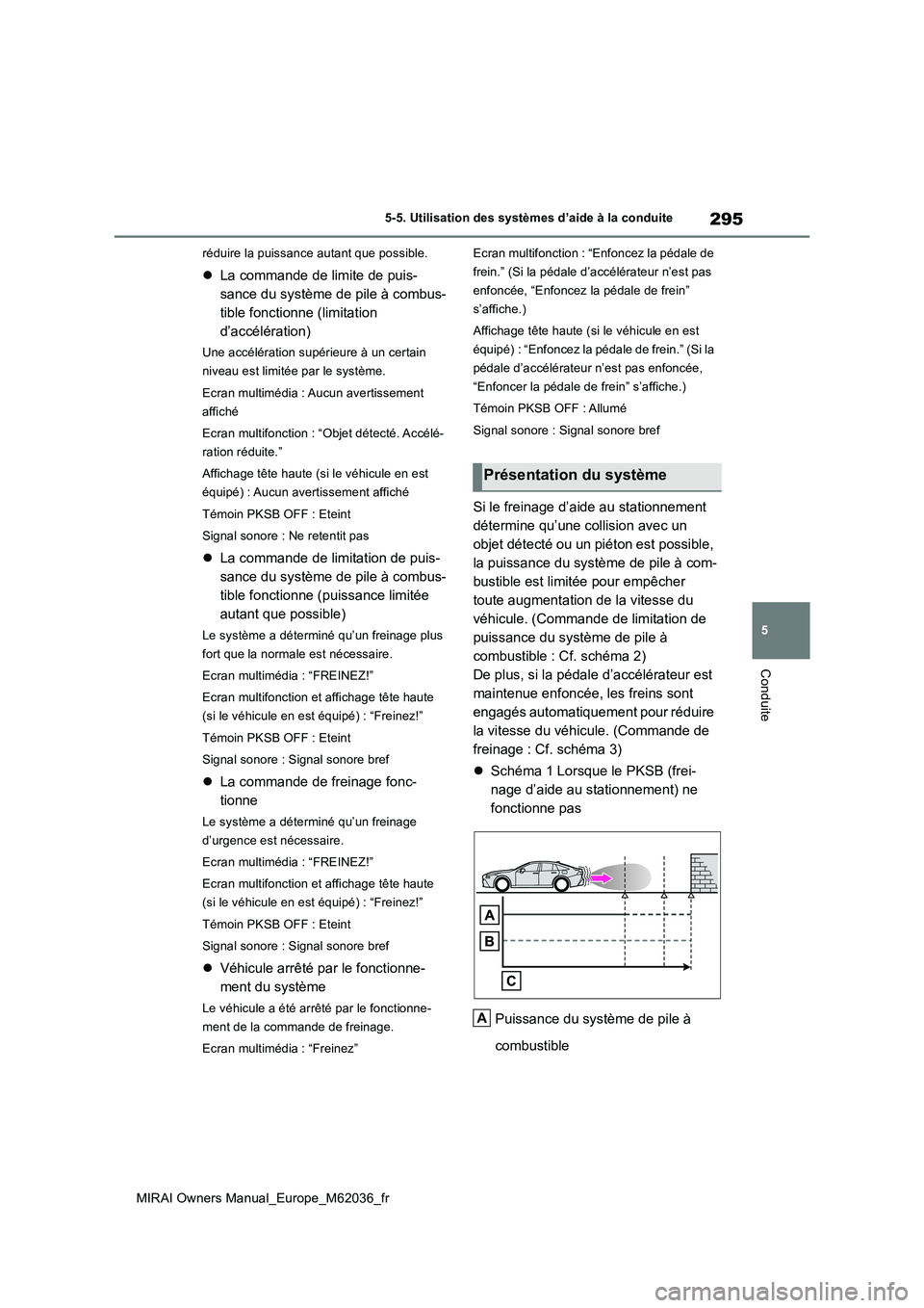 TOYOTA MIRAI 2020 Manuel du propriétaire (in French) 295
5
MIRAI Owners Manual_Europe_M62036_fr
5-5. Utilisation des systèmes d’aide à la conduite
Conduite
réduire la puissance autant que possible.
La commande de limite de puis-
sance du systè TOYOTA MIRAI 2020 Manuel du propriétaire (in French) 295
5
MIRAI Owners Manual_Europe_M62036_fr
5-5. Utilisation des systèmes d’aide à la conduite
Conduite
réduire la puissance autant que possible.
La commande de limite de puis-
sance du systè
