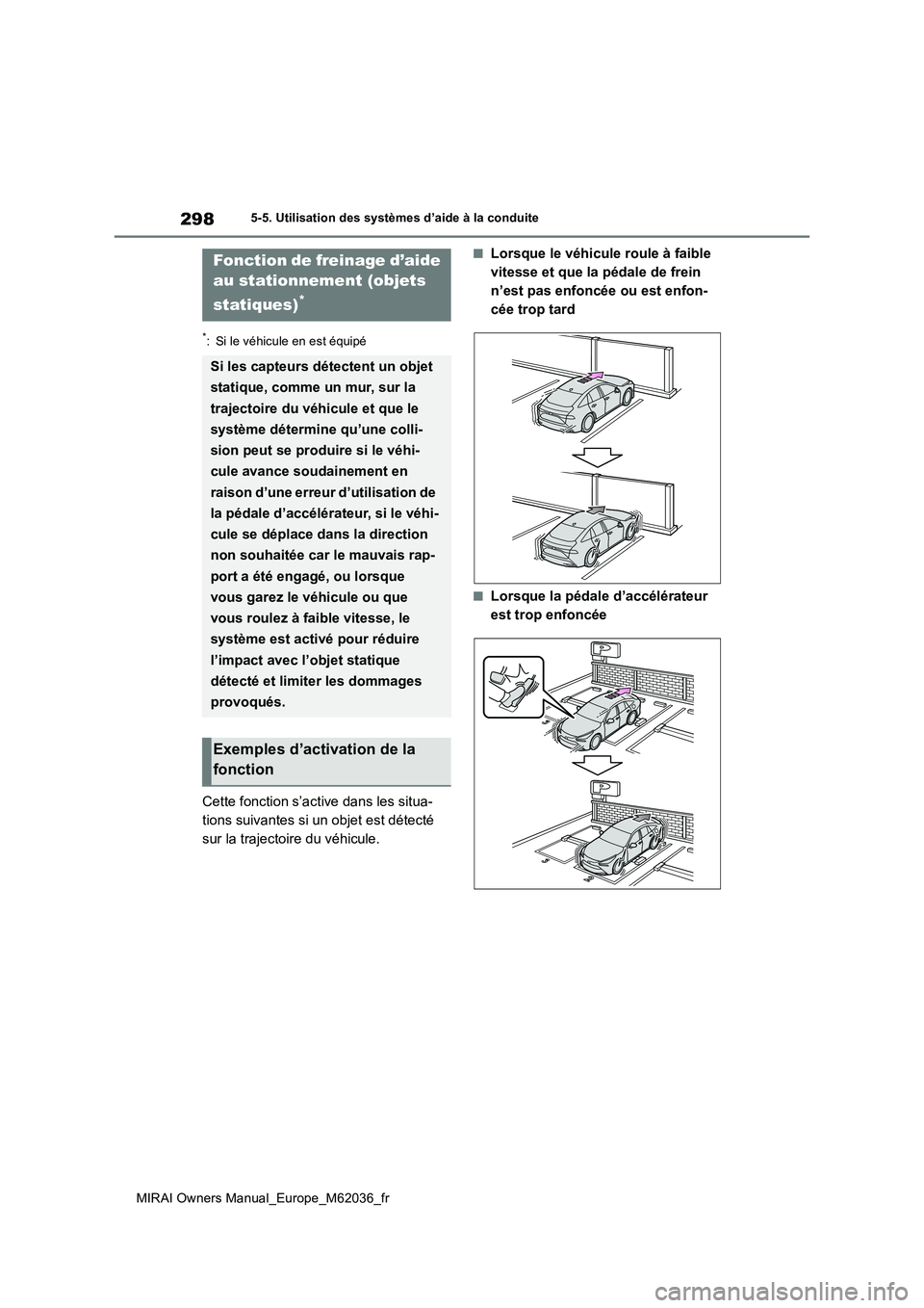 TOYOTA MIRAI 2020  Manuel du propriétaire (in French) 298
MIRAI Owners Manual_Europe_M62036_fr
5-5. Utilisation des systèmes d’aide à la conduite
*: Si le véhicule en est équipé
Cette fonction s’active dans les situa- 
tions suivantes si un obje
