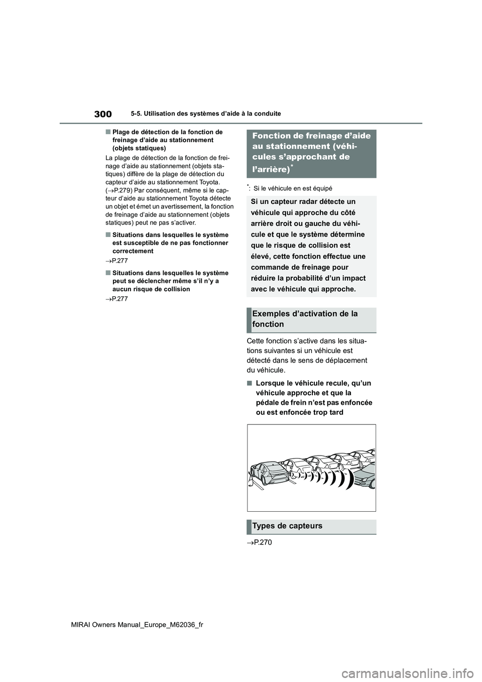TOYOTA MIRAI 2020  Manuel du propriétaire (in French) 300
MIRAI Owners Manual_Europe_M62036_fr
5-5. Utilisation des systèmes d’aide à la conduite
■Plage de détection de la fonction de  freinage d’aide au stationnement (objets statiques) 
La plag