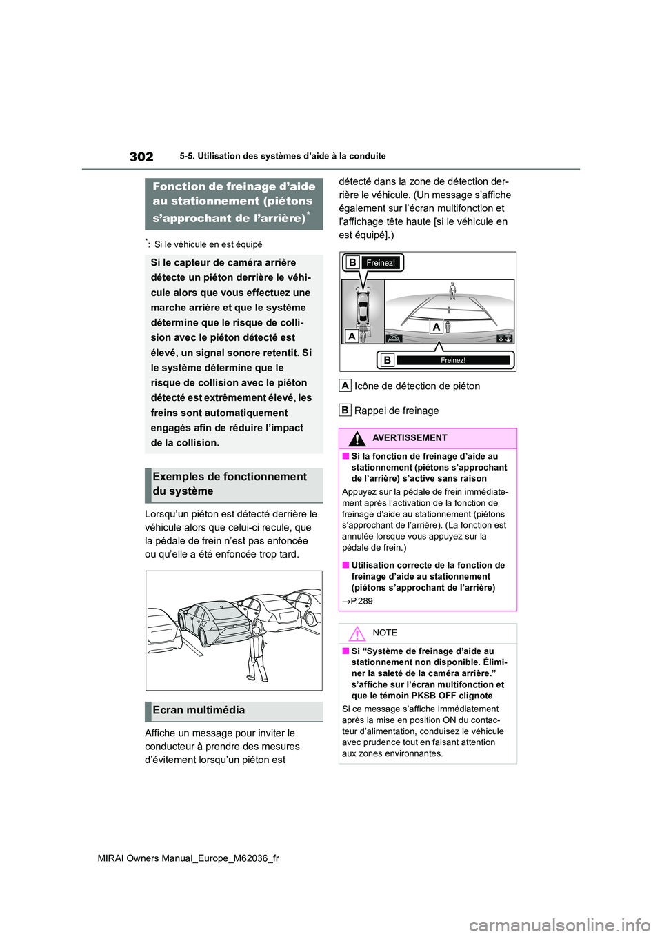 TOYOTA MIRAI 2020  Manuel du propriétaire (in French) 302
MIRAI Owners Manual_Europe_M62036_fr
5-5. Utilisation des systèmes d’aide à la conduite
*: Si le véhicule en est équipé
Lorsqu’un piéton est détecté derrière le  
véhicule alors que 