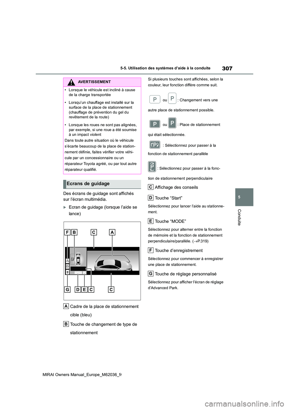 TOYOTA MIRAI 2020 Manuel du propriétaire (in French) 307
5
MIRAI Owners Manual_Europe_M62036_fr
5-5. Utilisation des systèmes d’aide à la conduite
Conduite
Des écrans de guidage sont affichés
sur l’écran multimédia.
Ecran de guidage (lors TOYOTA MIRAI 2020 Manuel du propriétaire (in French) 307
5
MIRAI Owners Manual_Europe_M62036_fr
5-5. Utilisation des systèmes d’aide à la conduite
Conduite
Des écrans de guidage sont affichés
sur l’écran multimédia.
Ecran de guidage (lors