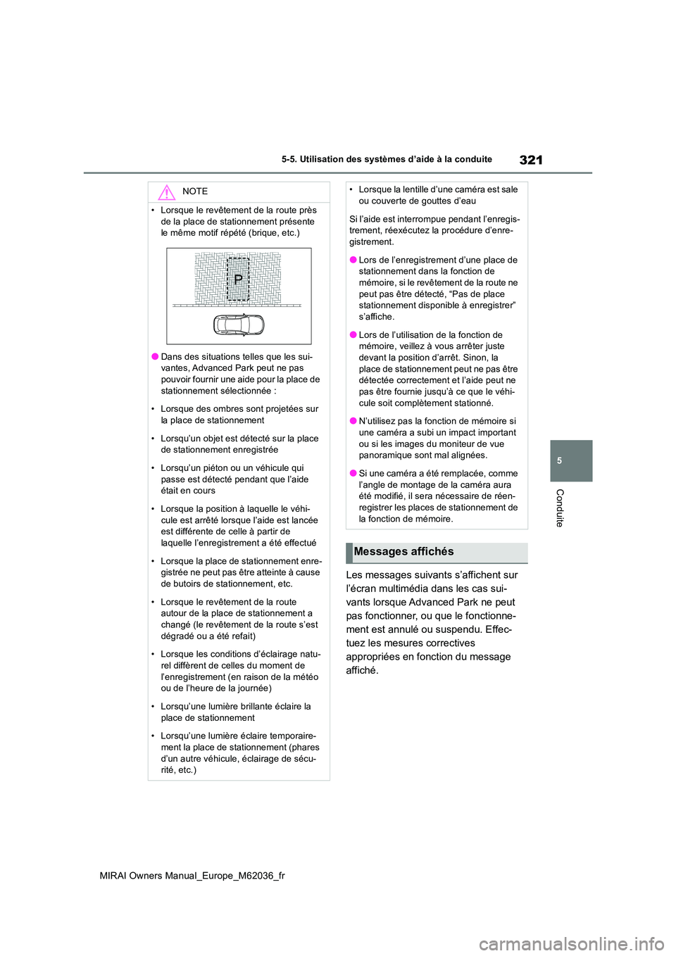 TOYOTA MIRAI 2020 Manuel du propriétaire (in French) 321
5
MIRAI Owners Manual_Europe_M62036_fr
5-5. Utilisation des systèmes d’aide à la conduite
Conduite
Les messages suivants s’affichent sur
l’écran multimédia dans les cas sui-
vants lors TOYOTA MIRAI 2020 Manuel du propriétaire (in French) 321
5
MIRAI Owners Manual_Europe_M62036_fr
5-5. Utilisation des systèmes d’aide à la conduite
Conduite
Les messages suivants s’affichent sur
l’écran multimédia dans les cas sui-
vants lors