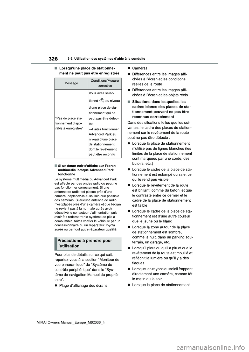 TOYOTA MIRAI 2020 Manuel du propriétaire (in French) 328
MIRAI Owners Manual_Europe_M62036_fr
5-5. Utilisation des systèmes d’aide à la conduite
■Lorsqu’une place de stationne-
ment ne peut pas être enregistrée
■Si un écran noir s’affich TOYOTA MIRAI 2020 Manuel du propriétaire (in French) 328
MIRAI Owners Manual_Europe_M62036_fr
5-5. Utilisation des systèmes d’aide à la conduite
■Lorsqu’une place de stationne-
ment ne peut pas être enregistrée
■Si un écran noir s’affich