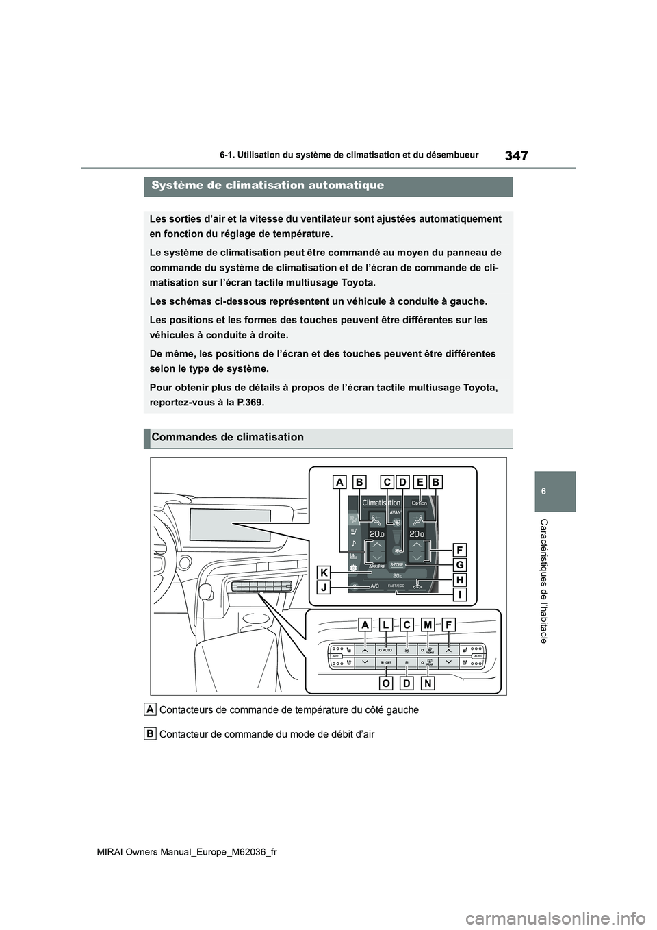TOYOTA MIRAI 2020 Manuel du propriétaire (in French) 347
6
MIRAI Owners Manual_Europe_M62036_fr
6-1. Utilisation du système de climatisation et du désembueur
Caractéristiques de l’habitacle
Contacteurs de commande de température du côté gauche
TOYOTA MIRAI 2020 Manuel du propriétaire (in French) 347
6
MIRAI Owners Manual_Europe_M62036_fr
6-1. Utilisation du système de climatisation et du désembueur
Caractéristiques de l’habitacle
Contacteurs de commande de température du côté gauche