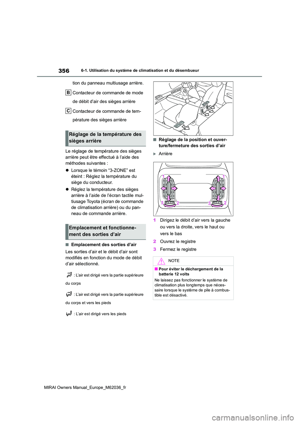TOYOTA MIRAI 2020  Manuel du propriétaire (in French) 356
MIRAI Owners Manual_Europe_M62036_fr
6-1. Utilisation du système de climatisation et du désembueur
tion du panneau multiusage arrière. 
Contacteur de commande de mode  
de débit d’air des si