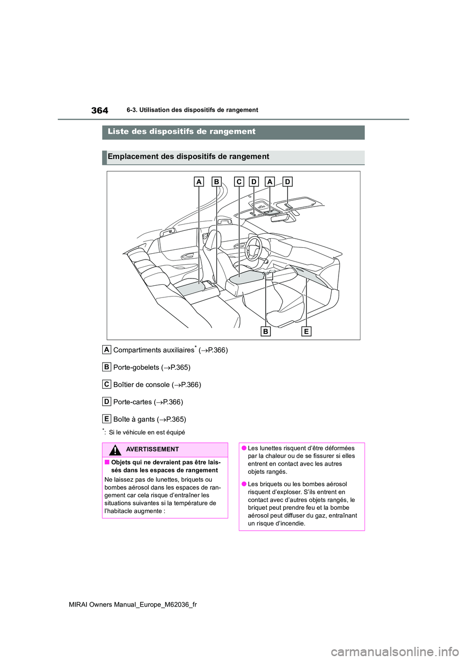 TOYOTA MIRAI 2020 Manuel du propriétaire (in French) 364
MIRAI Owners Manual_Europe_M62036_fr
6-3. Utilisation des dispositifs de rangement
6-3.Utilis ation des disp ositifs de range me nt
Compartiments auxiliaires* (P.366)
Porte-gobelets ( P TOYOTA MIRAI 2020 Manuel du propriétaire (in French) 364
MIRAI Owners Manual_Europe_M62036_fr
6-3. Utilisation des dispositifs de rangement
6-3.Utilis ation des disp ositifs de range me nt
Compartiments auxiliaires* (P.366)
Porte-gobelets ( P