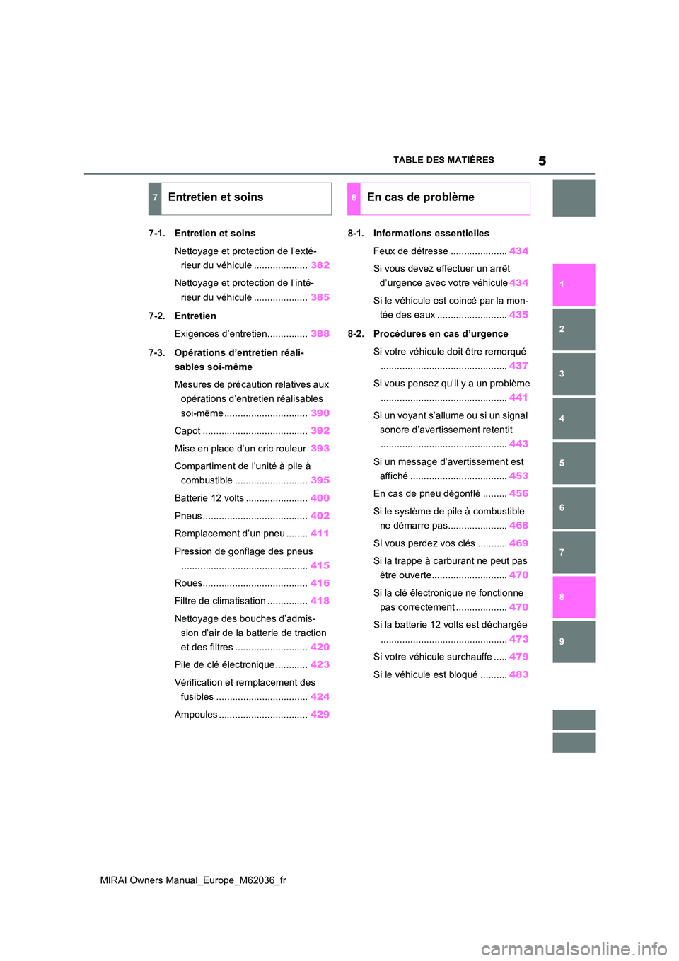 TOYOTA MIRAI 2020  Manuel du propriétaire (in French) 5
MIRAI Owners Manual_Europe_M62036_fr
TABLE DES MATIÈRES
1 
6 
5
4
3
2
7 
8
9
7-1. Entretien et soins 
Nettoyage et protection de l’exté- 
rieur du véhicule .................... 382 
Nettoyage e