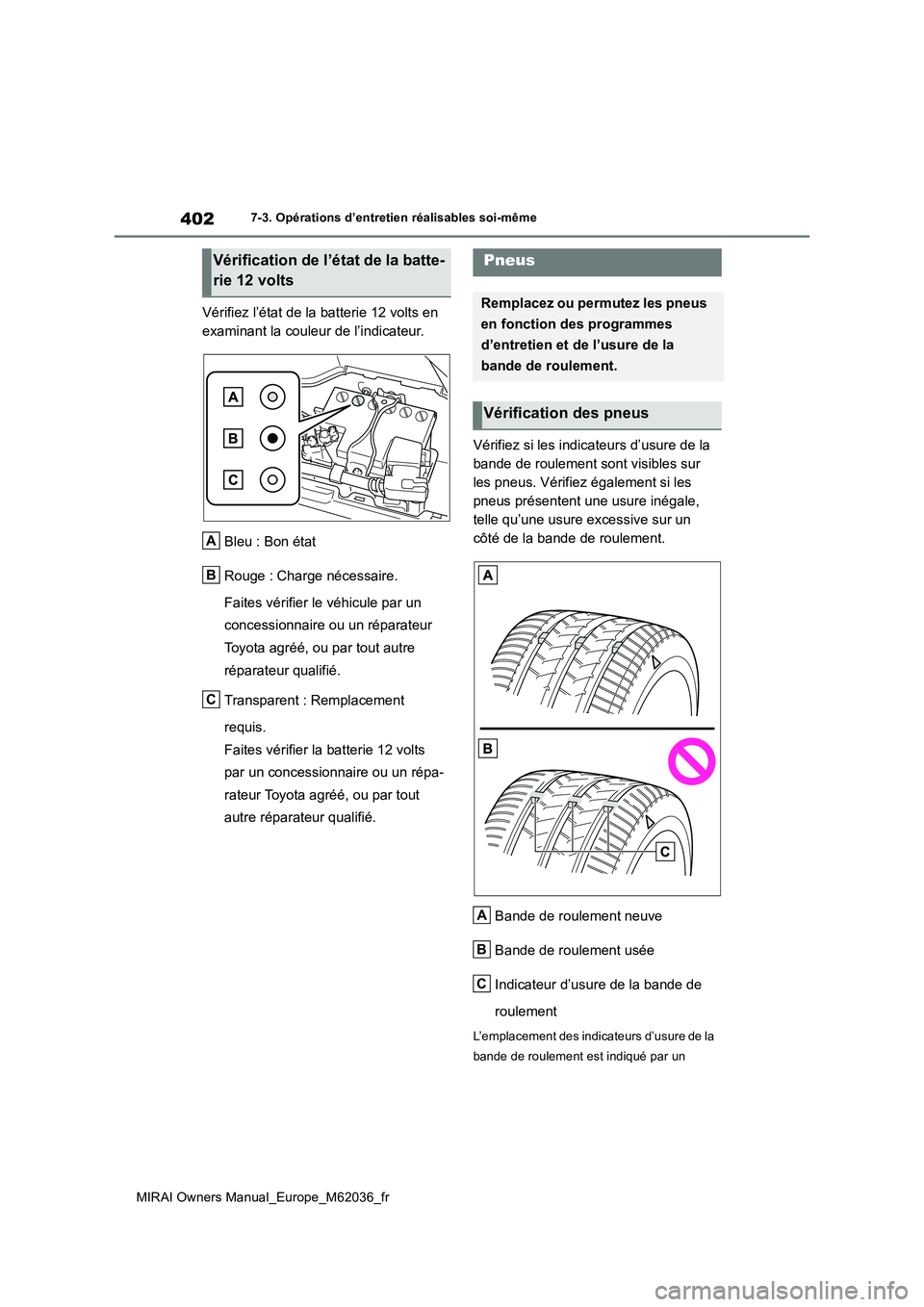 TOYOTA MIRAI 2020  Manuel du propriétaire (in French) 402
MIRAI Owners Manual_Europe_M62036_fr
7-3. Opérations d’entretien réalisables soi-même
Vérifiez l’état de la batterie 12 volts en  
examinant la couleur de l’indicateur. 
Bleu : Bon éta