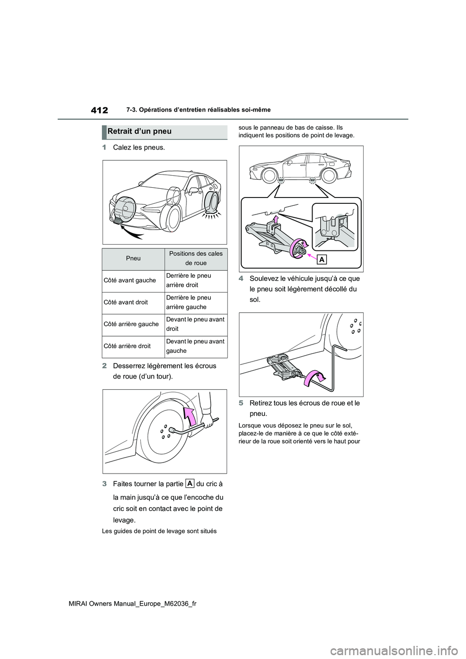 TOYOTA MIRAI 2020  Manuel du propriétaire (in French) 412
MIRAI Owners Manual_Europe_M62036_fr
7-3. Opérations d’entretien réalisables soi-même
1Calez les pneus. 
2 Desserrez légèrement les écrous  
de roue (d’un tour). 
3 Faites tourner la par